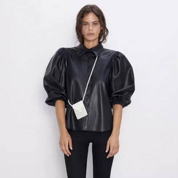Zara Black Faux Leather Shirt M New - Picture 3 of 6